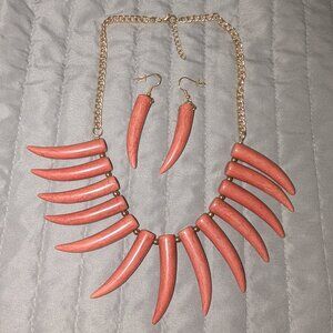 $3 with Bundle ~ Faux Coral Horn Tusk Statement Necklace & Drop Earring Set 5865
